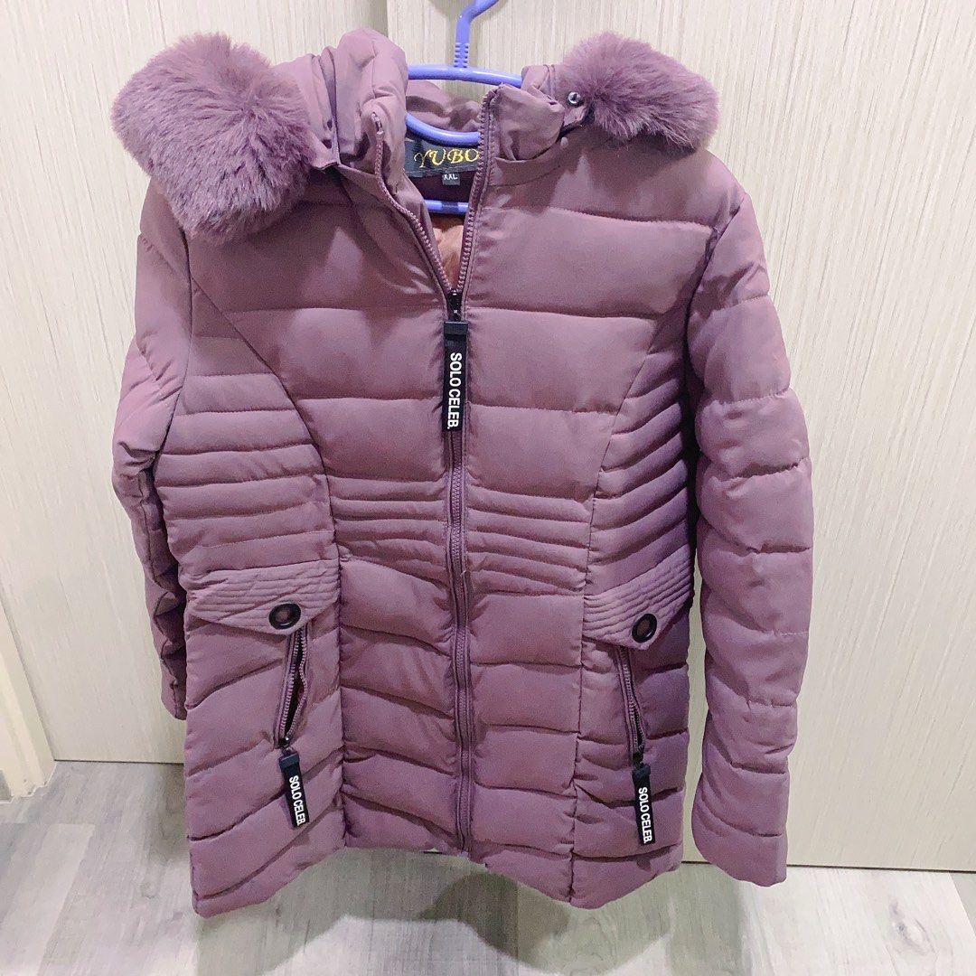 Purple puffer jacket with fur hood hotsell
