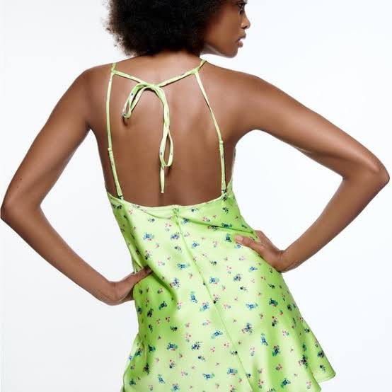 Zara Satin Green Floral Backless Dress, Women's Fashion, Dresses & Sets,  Dresses on Carousell