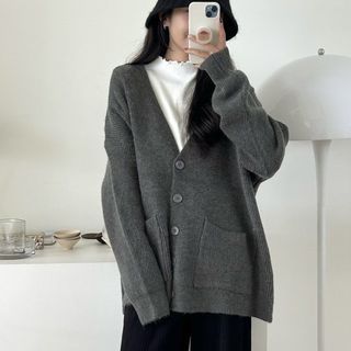 （已售出）厚磅琉璃釦螺紋雙口袋暖暖針織外套(灰色）