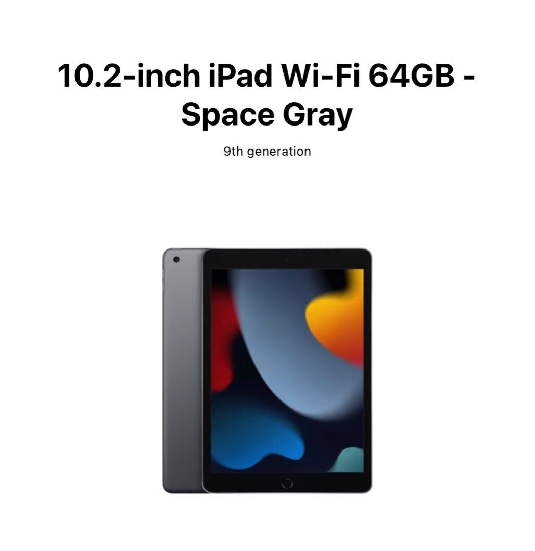 Apple iPad 10.2' (Gen. 9) (2021) Wi-Fi 64GB Space Grey, 手提電話