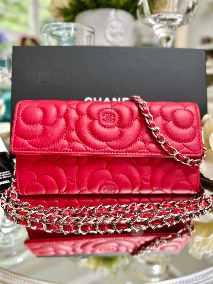 Authentic Chanel Camellia Embossed Flap Leather Wallet with WOC