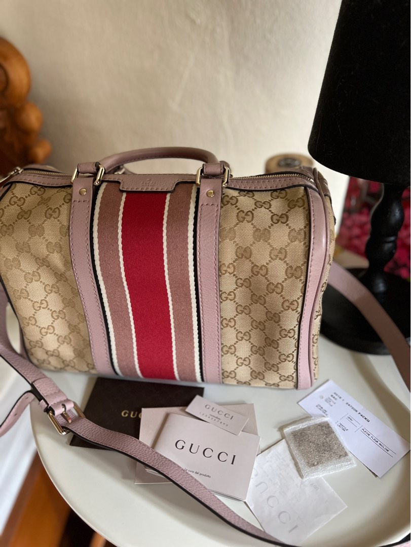 Authentic Gucci boston bag with red pink stripes, Luxury, Bags