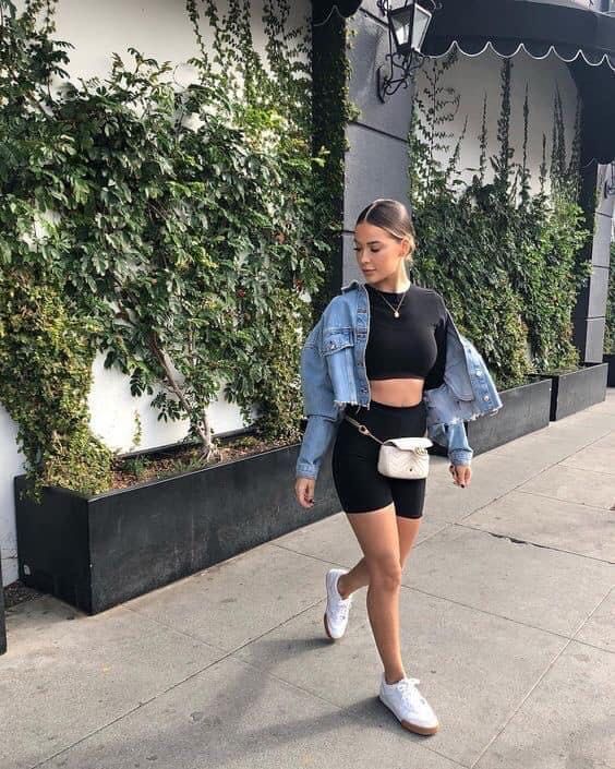 Biker shorts with jean jacket sale
