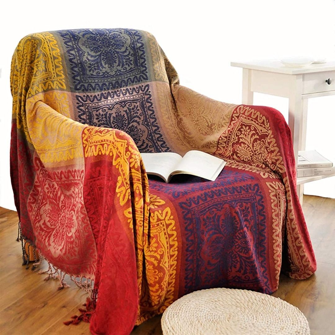 Boho Throw Blanket Chenille Jacquard Tassels Throw Blankets for Bed Couch Soft Chair Bohemian Fringe Tassels Furniture Home Living Bedding Towels on Carousell