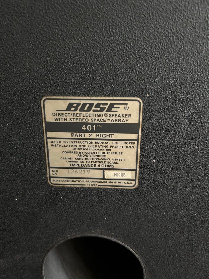Bose 401 (Category: Soundbars, Speakers & Amplifiers) located in Caloocan City. Submitted by aacruz0374 (Listing ID 1214882288, Image 3). Description: Bose 401 Each cabinet with 2 x 6 1/2” woofer and 1 x 2” tweeter. 100watts IEC, compatible up to 200watts per channel amplifier..