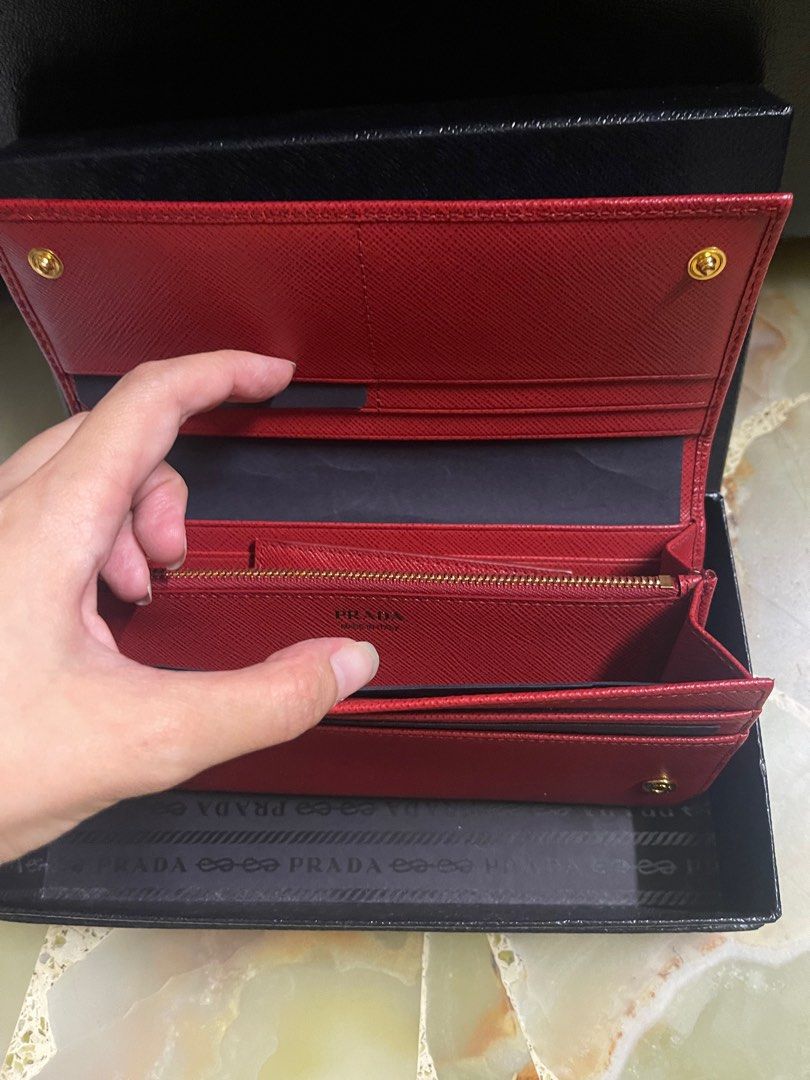 Prada Fiery Red Saffiano and leather wallet with shoulder strap