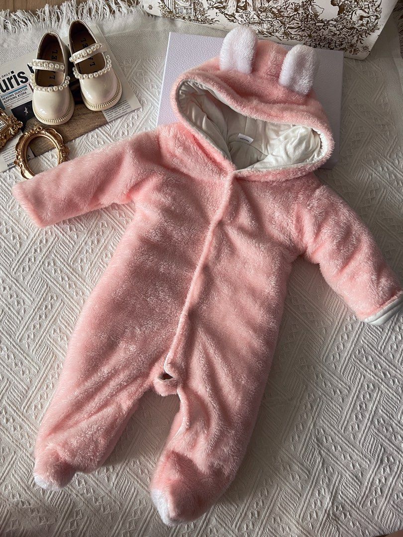 Pink bear hoodie romper