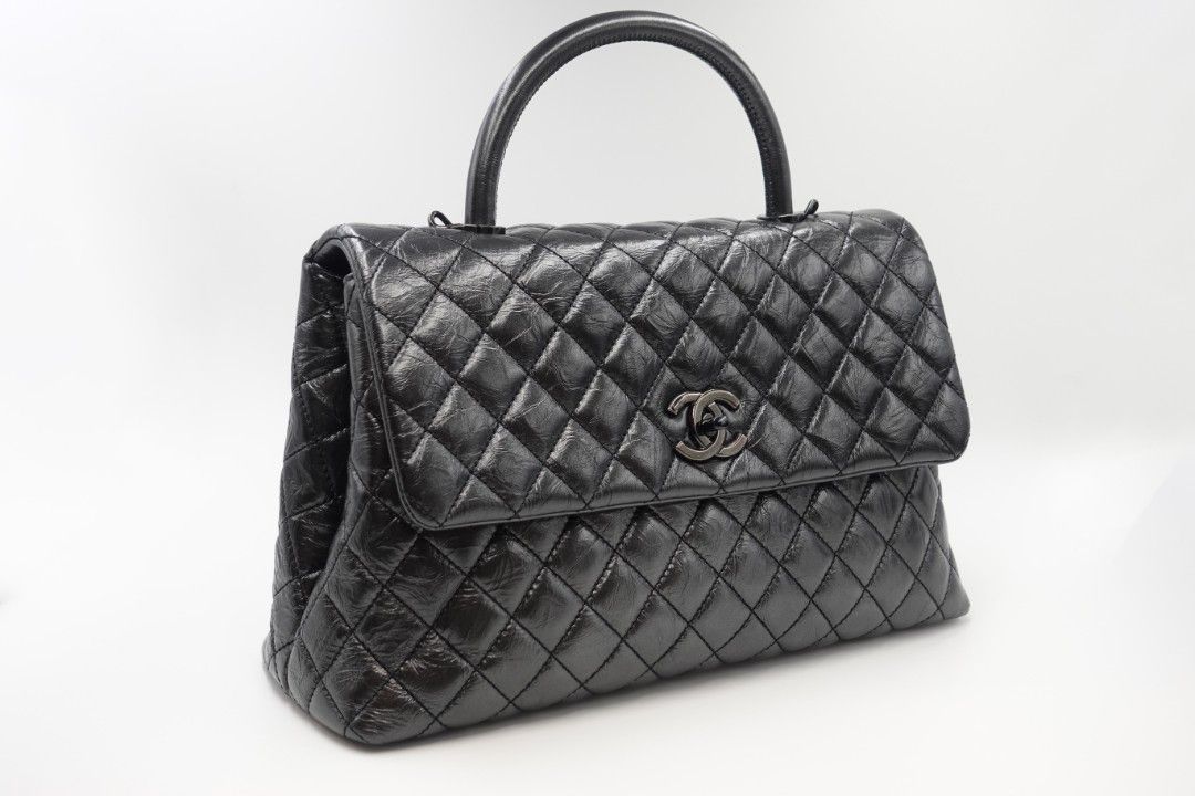 Receipt Chanel Coco Handle Large size 29 Year 2020 Black Distress Leather So Black