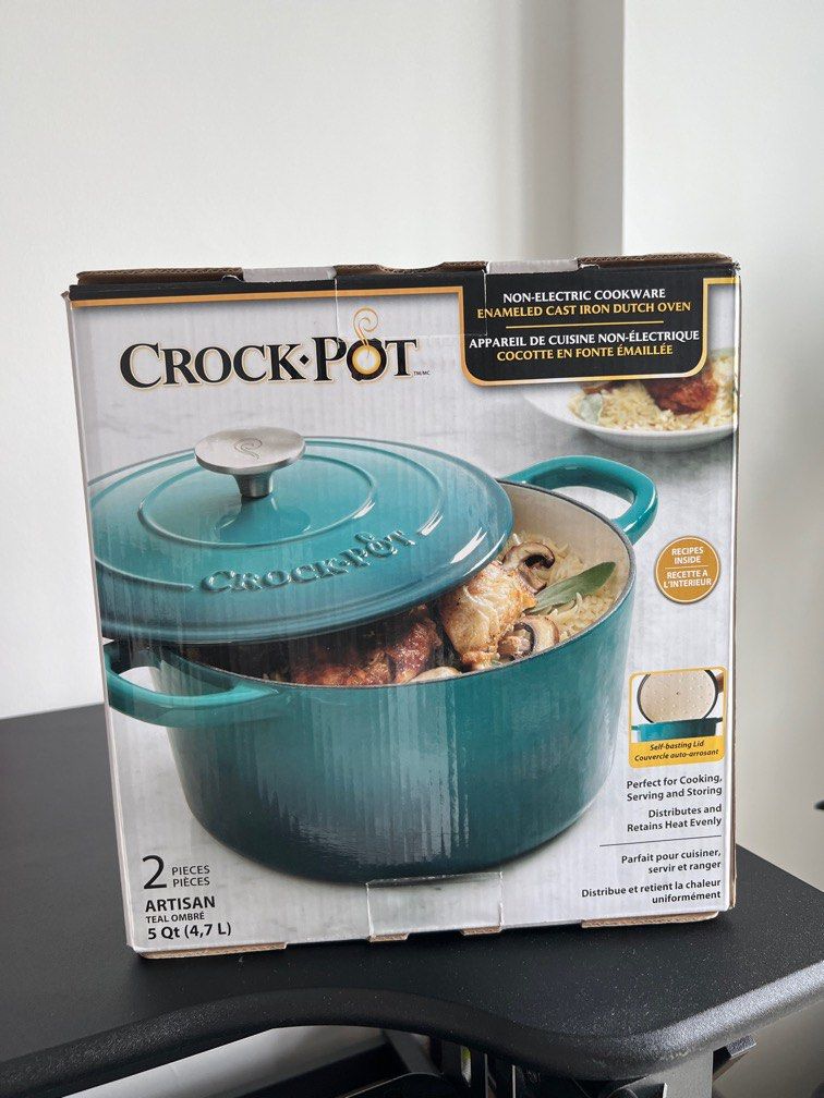 Crock-Pot 3 Quart Round Enamel Cast Iron Covered Dutch Oven Cooker, Teal Ombre