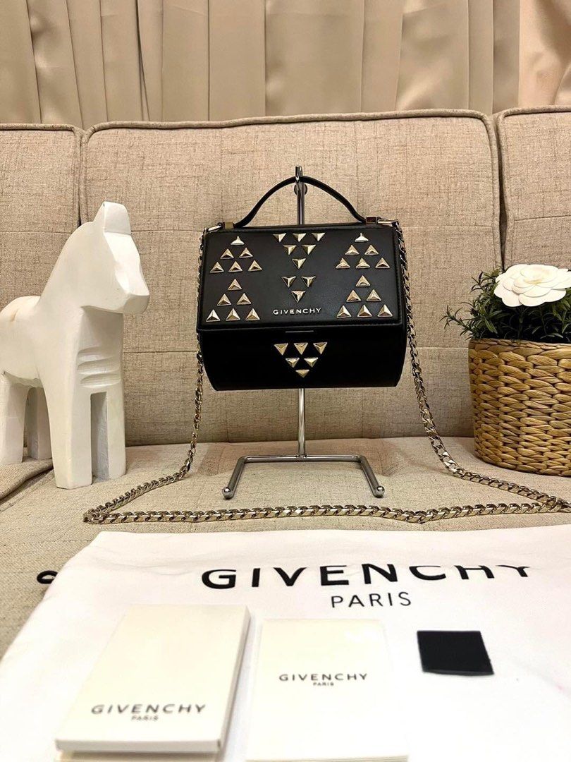 Givenchy Pandora Box Mini Black Calf Studded Chain Bag (Category: Luxury Bags & Wallets) located in Manila. Submitted by bagislifeshop (Listing ID 1214940366, Image 1). Description: Ooooh Lala!!! The Iconic Pandora Box!!! 🔥🔥🔥 On Hand In PH 🇵🇭 100% Authentic Givenchy Pandora Box Mini Black Calf Studded Chain Bag Condition: 9/10 Comes with Dustbag, Leather Swatch and Booklet .