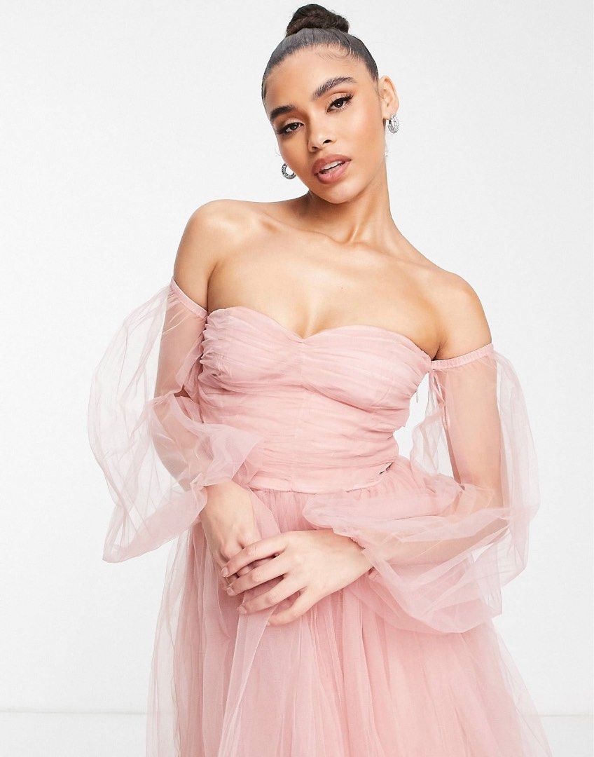 Lace Beads pink Prom Wedding Bridesmaid off shoulder tulle Dress