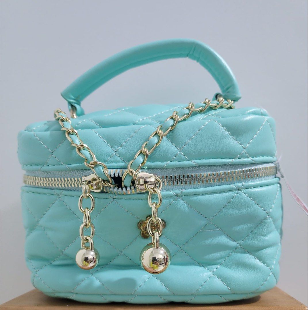 Quilted Light Blue Mini Vanity Case Bag, Fesyen Wanita, Tas & Dompet di