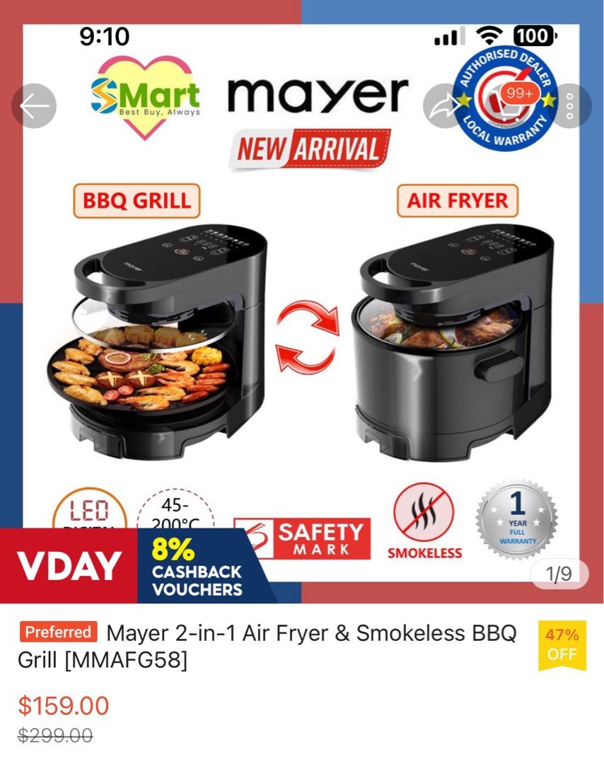 Mayer 2in1 Air Fryer and Smokeless BBQ Grill, TV & Home Appliances