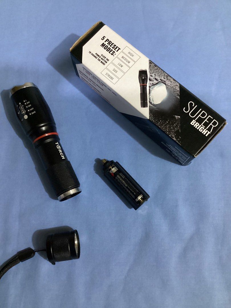 Military Grade Torch (Category: Hiking & Camping) located in Davao. Submitted by ferdipt (Listing ID 1214749053, Image 2). Description: Deluxe Tactical Flashlight Super Bright 5 Preset Modes Waterproof Batteries not included .