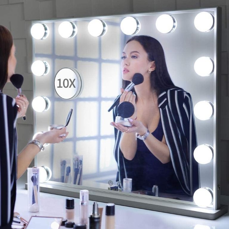 readystock) BEAUTME Hollywood Vanity Mirror with Lights,Lighted Makeup  Dressing Tabletop or Wall Mounted Beauty Mirrors with Dimmer,14pcs Led Bulbs  and 10X Magnification Spot Cosmetic Mirror Included (silver), Furniture   Home Living, Home