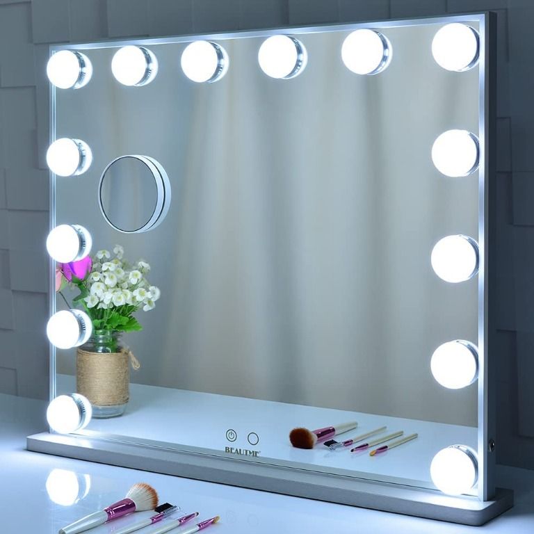readystock) BEAUTME USA Hollywood Vanity Mirror with Lights,Lighted Makeup  Dressing Tabletop or Wall Mounted Beauty Mirrors with Dimmer,14pcs Led Bulbs  and 10X Magnification Spot Cosmetic Mirror Included (silver)…, Furniture   Home Living,