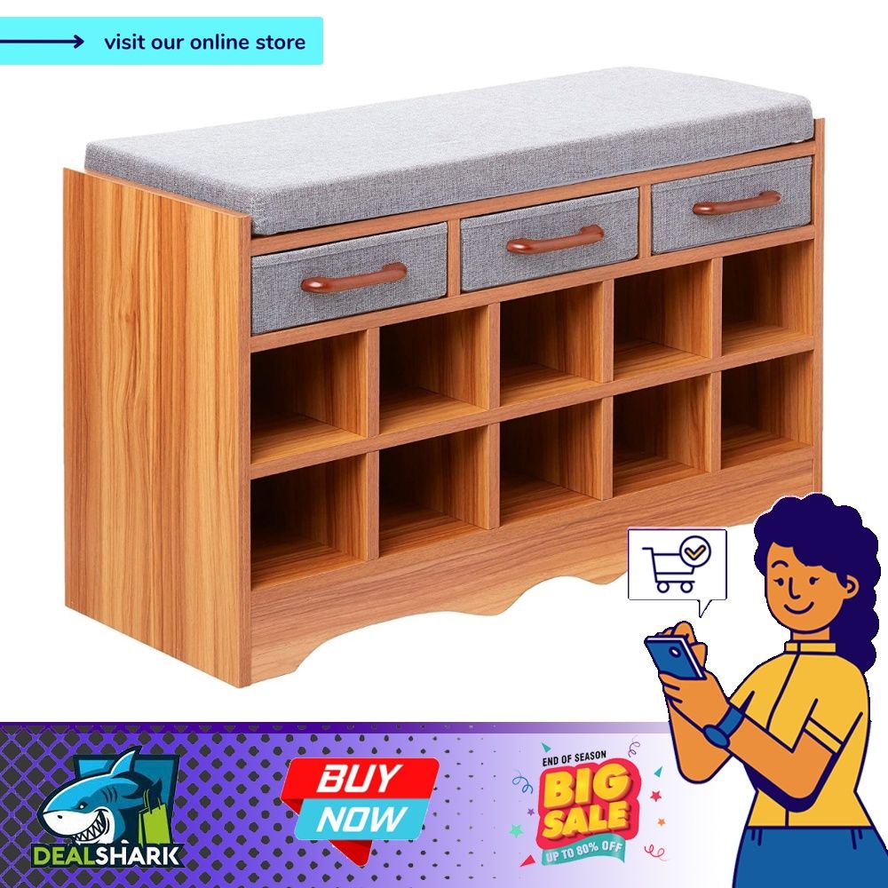 readystock Household Essentials Entryway Shoe Storage Bench with Cushion and Drawers Brown