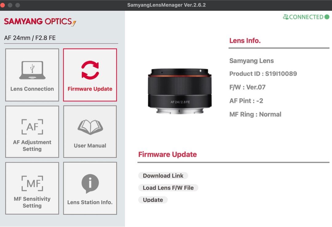 Samyang / Rokinon Lens Station Firmware Update Service for Sony E Mount