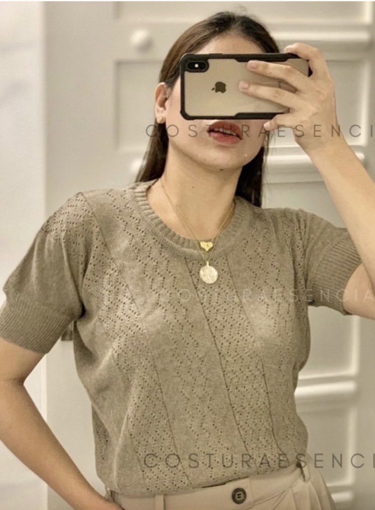 Taupe crochet blouse (Category: Blouses) located in Pasay City. Submitted by j9declutter (Listing ID 1214845688, Image 2). Description: Fits large to XL frames.