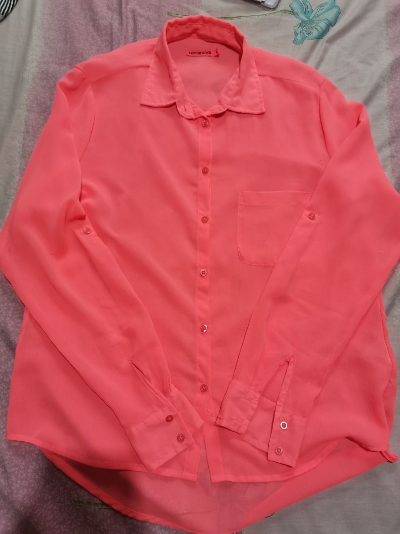 Terranova Sheer Neon Longsleeves Top (Category: Longsleeves) located in Binan City. Submitted by _jennilynred (Listing ID 1214866431, Image 3). Description: Size: L on tag, looks oversized Color: Neon Pink Other details: -Complete buttons -Sleeves can be adjusted, see sample photos when worn RFS: Decluttering.
