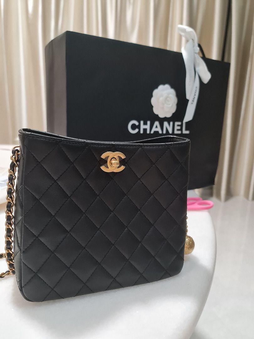 Chanel Hobo Bag Shoulder Crossbody Ball Pearl Crush 23C Pearl Crush Hobo SMALL BLACK LAMBSKIN