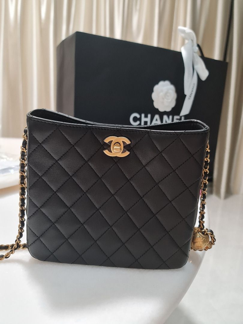 Chanel Hobo Bag Shoulder Crossbody Ball Pearl Crush 23C Pearl Crush Hobo SMALL BLACK LAMBSKIN