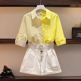黃白直條紋拼接襯衫上衣/短裙 套裝