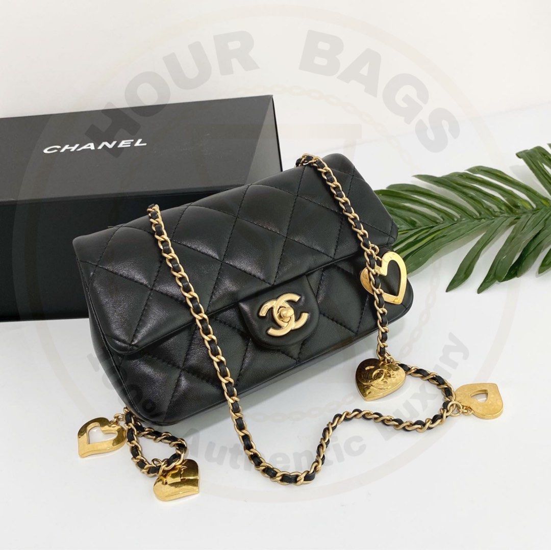💯% Authentic Chanel 22B Heart Charm Flap Bag Black Lambskin