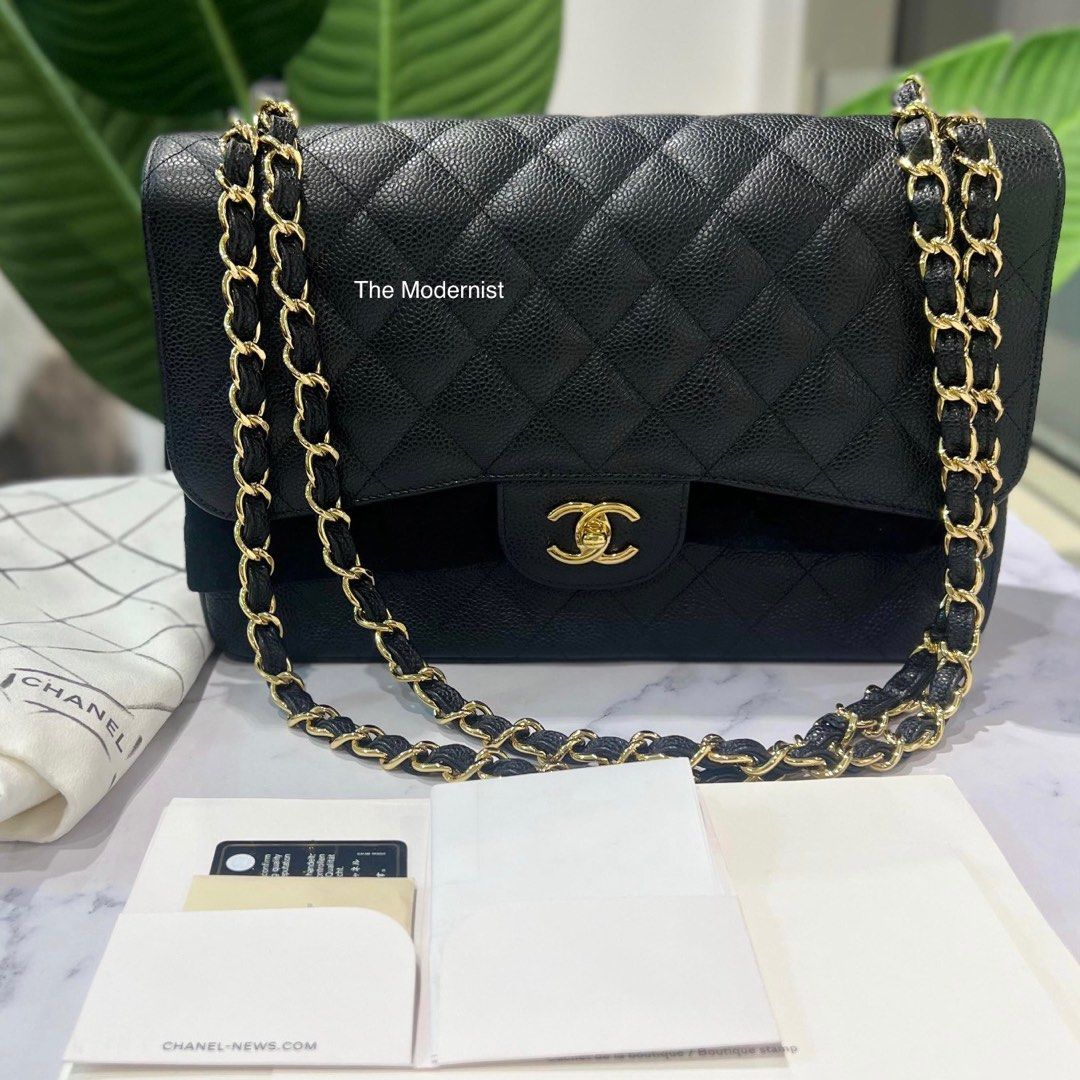 Authentic Chanel Jumbo Double Flap Black Caviar Leather Gold Hardware
