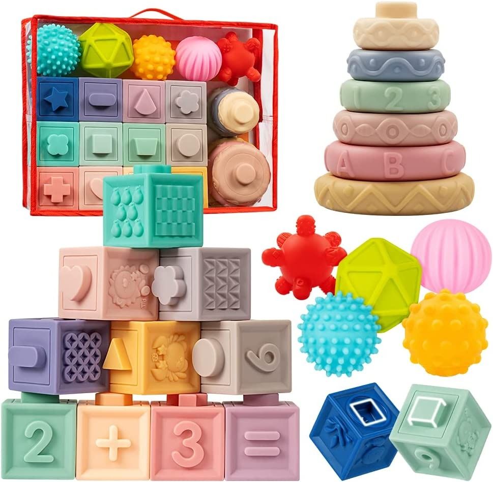 Baby Toys 6 12 Months Montessori Toys for Babies 6 12 Months Incl Stacking Building Blocks Soft Infant Teething Toys Sensory Balls for Toddlers