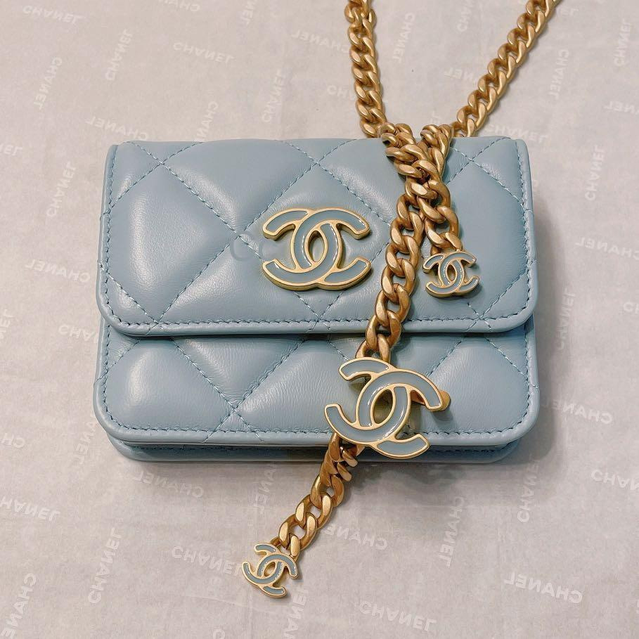 CHANEL Lambskin Enamel Quilted Flap Belt Bag Blue, Luxury, Bags