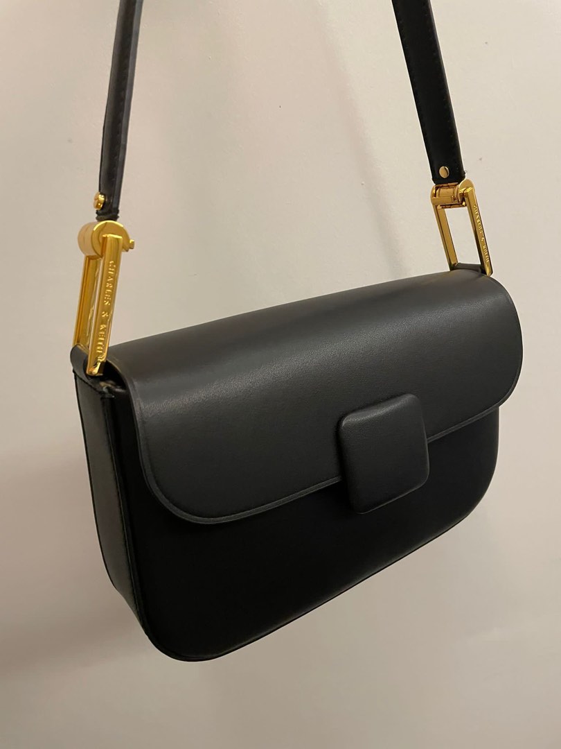 Black Koa Square Push-Lock Shoulder Bag, CHARLES & KEITH