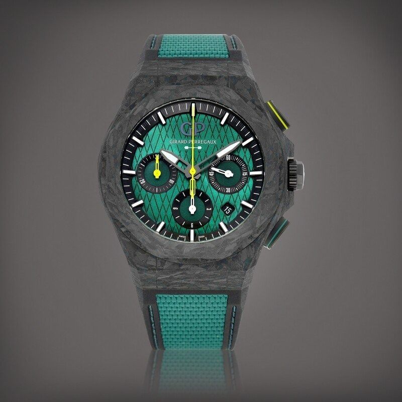 Girard Perregaux Laureato Aston Martin F1 Limited Edition (306 pcs) (Category: Watches) located in Singapore. Submitted by cricol (Listing ID 1215101993, Image 1). Description: 2022 New model Girard-Perregaux Laureato Absolute Chronograph Aston Martin F1 Edition of 306 pieces 81060-41-3071-1CX Case material : titanium & carbon case with carbon extracted from two Formula One️ race cars used during the 2021 season Case-back : sapphire crystal with 