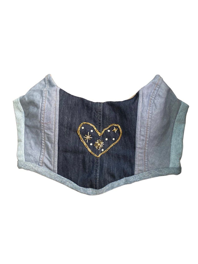 handmade heart embroidered/beaded denim corset (Category: Others Tops) located in Antipolo. Submitted by shopshayneee (Listing ID 1215032465, Image 1). Description: 💘handmade and designed by me💘 #handmade #corsettops #corsetsph #slowfashion #handmadephilippines #shopsmall #smallbusiness #tweedcorsets #sustainablefashion #ecofashion #patchworkcorsets #reversiblecorsets.