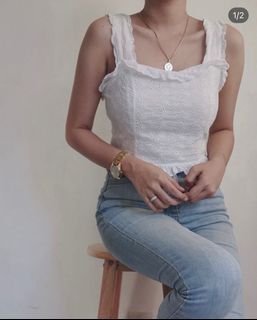 HQ White Cropped Eyelet Top with Back Tie SMALL