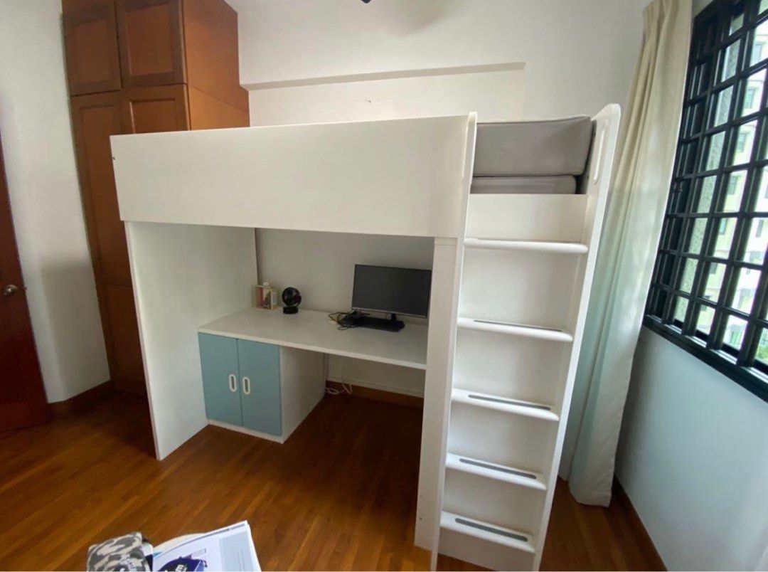 IKEA Loft bed with storage, bookshelf and table, Furniture & Home