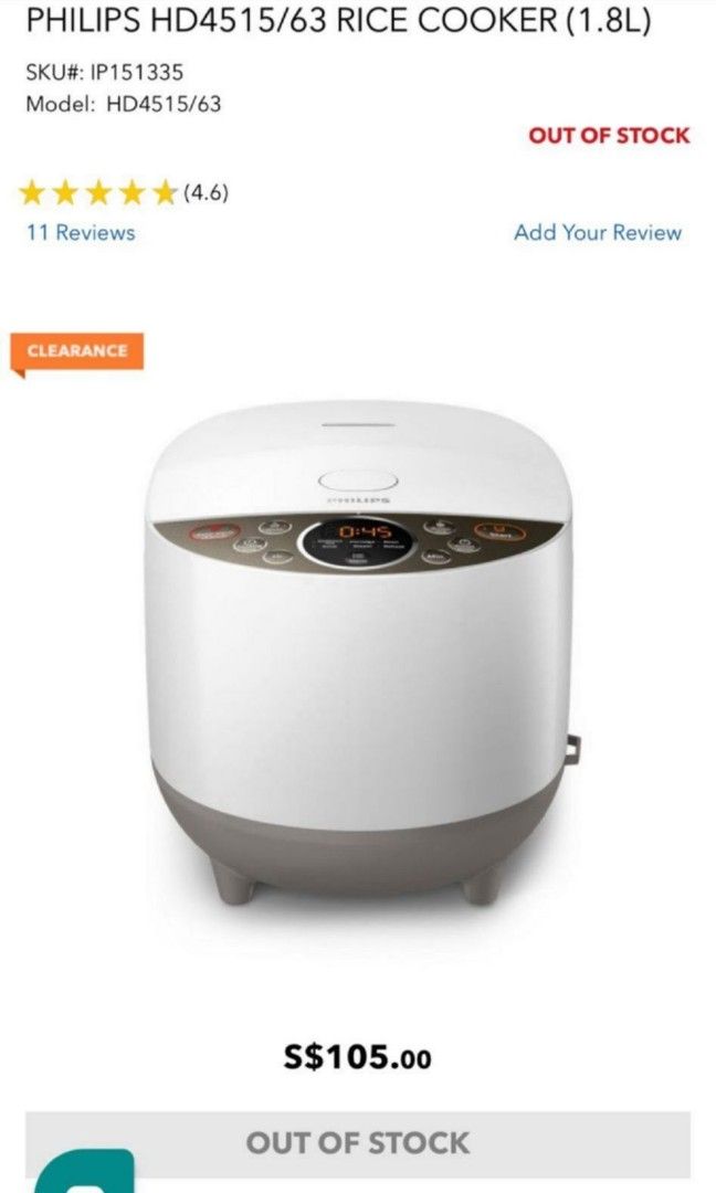 PHILIPS HD4515/63 RICE COOKER (1.8L), TV & Home Appliances, Kitchen