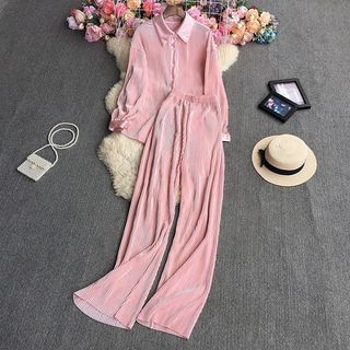 Pleated Blouse Set with Pleated Palazzo in Pink