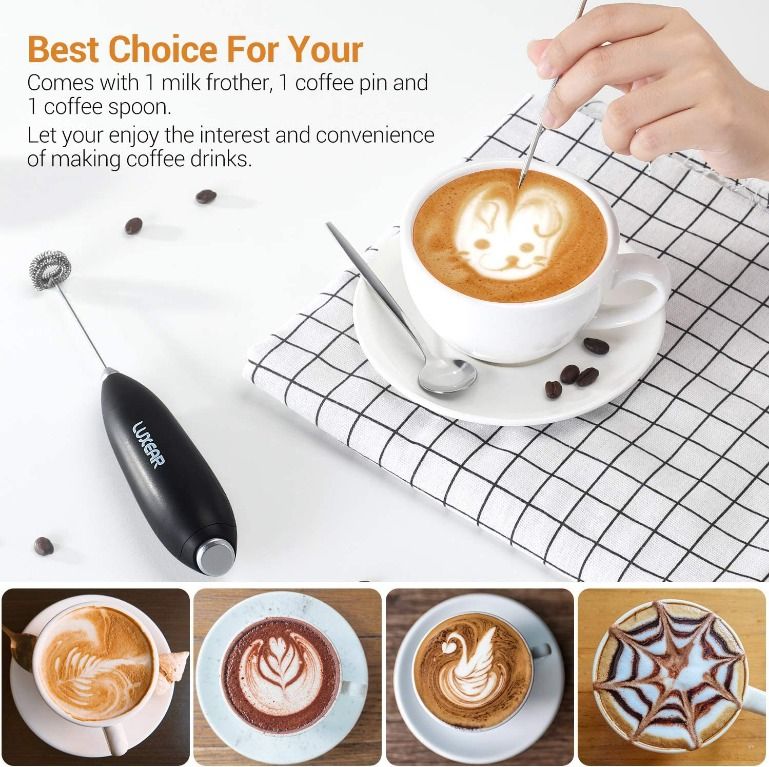 Milk Frother Electric Handheld Milk Steamer Coffee Stirrer Foam Maker  Automatic Powerful Drink Mixer Stainless Steel Whisk & Enhanced Stand Ideal  for Latte Cappuccino Hot Chocolate by LUUKMONDE(Black)