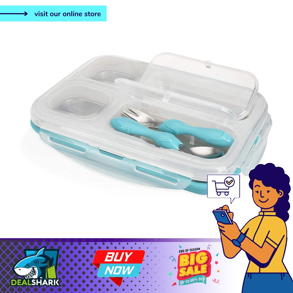 Nuby Insulated Stainless Steel Travel Lunch Box with Fork, Spoon & Lid, Aqua