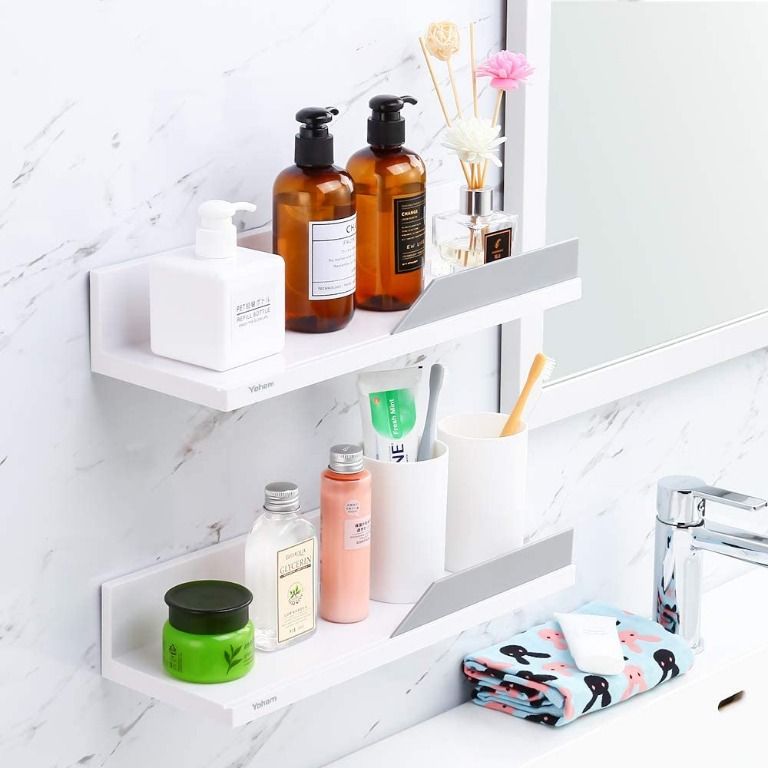 White Bathroom Wall Shelf Without Drilling Self Adhesive Shelf Bathroom  Shelf Waterproof Plastic Kitchen Shelves Floating Shelf