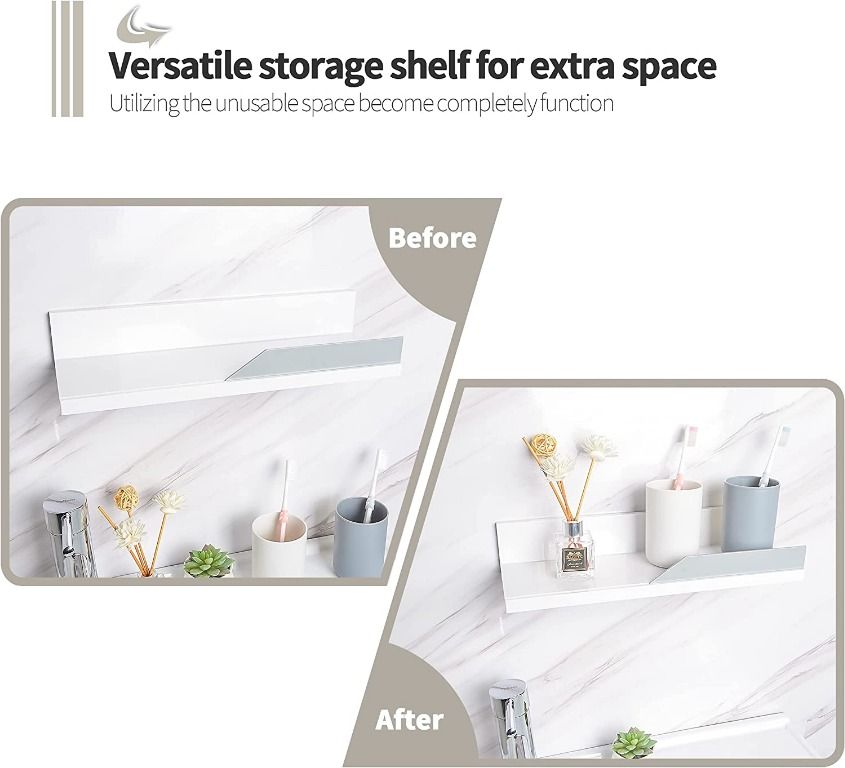 YOHOM Adhesive White Floating Shelves Bathroom Wall Organizer Shower Caddy  No Drilling Display Ledge Shelf Rack for Home Decor 2PCS