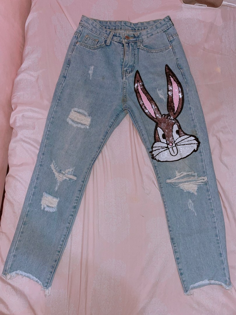 Tattered BUGS BUNNY Sequins Jeans, Women's Fashion, Bottoms, Jeans on
