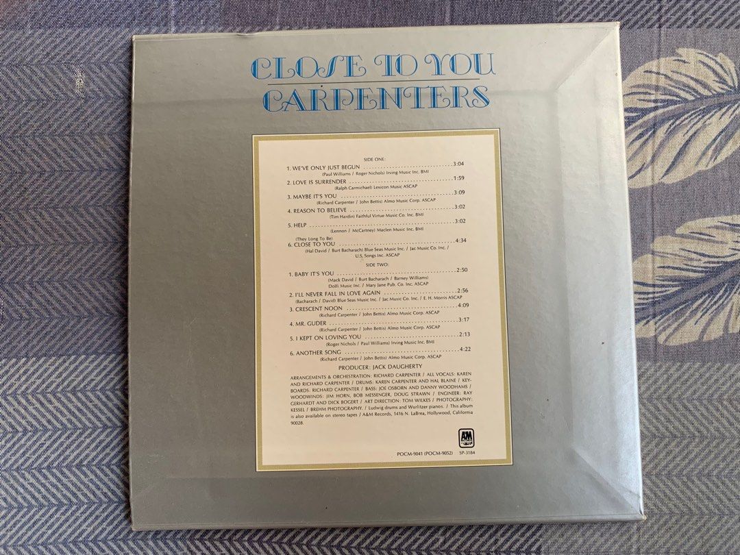 THE CARPENTERS CLOSE TO YOU CD (Category: CDs & DVDs) located in Zamboanga. Submitted by ronrocar (Listing ID 1215022962, Image 2). Description: THE CARPENTERS CLOSE TO YOU CD Rare/ OUT OF PRINT JAPAN PRESSED/ imported 650 plus sf Slightly negotiable NOTE: Item is untested and was kept properly for collection purposes Item may have scratches as well as inlay cards may have tears, cuts, plastic tapes. etc PLEASE REFER TO ALL THE PHOTOS //—————————