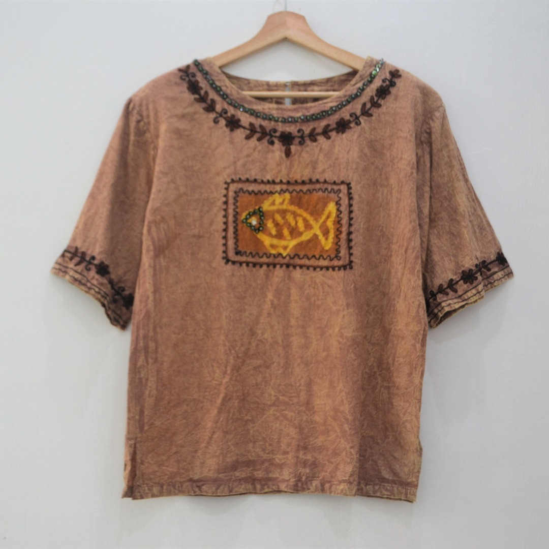 Vintage Printed Brown Shirt Blouse S/M