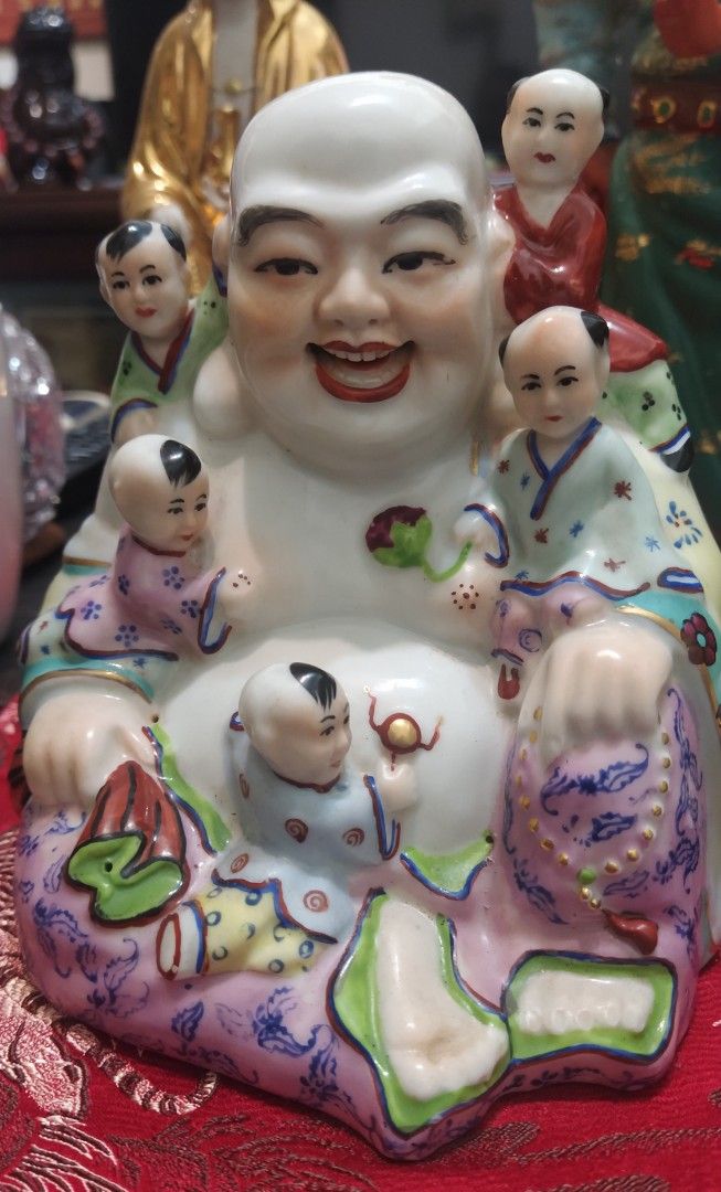 早期手繪粉彩五子登科彌勒佛（老件）, 書籍、休閒與玩具, 收藏、紀念品