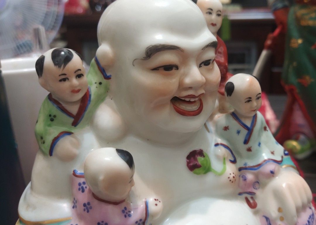 早期手繪粉彩五子登科彌勒佛（老件）, 書籍、休閒與玩具, 收藏、紀念品