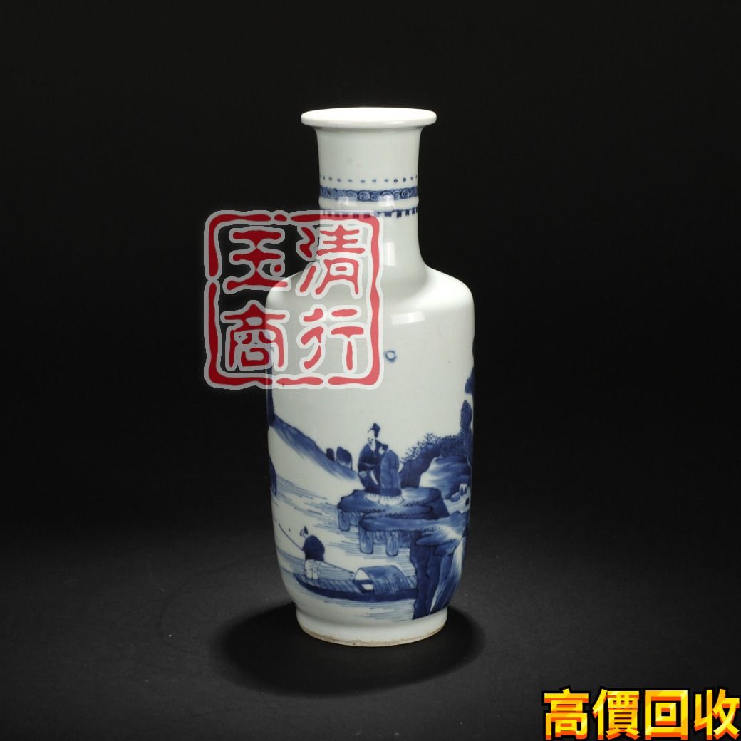 青花花草紋六口瓶.骨董品-