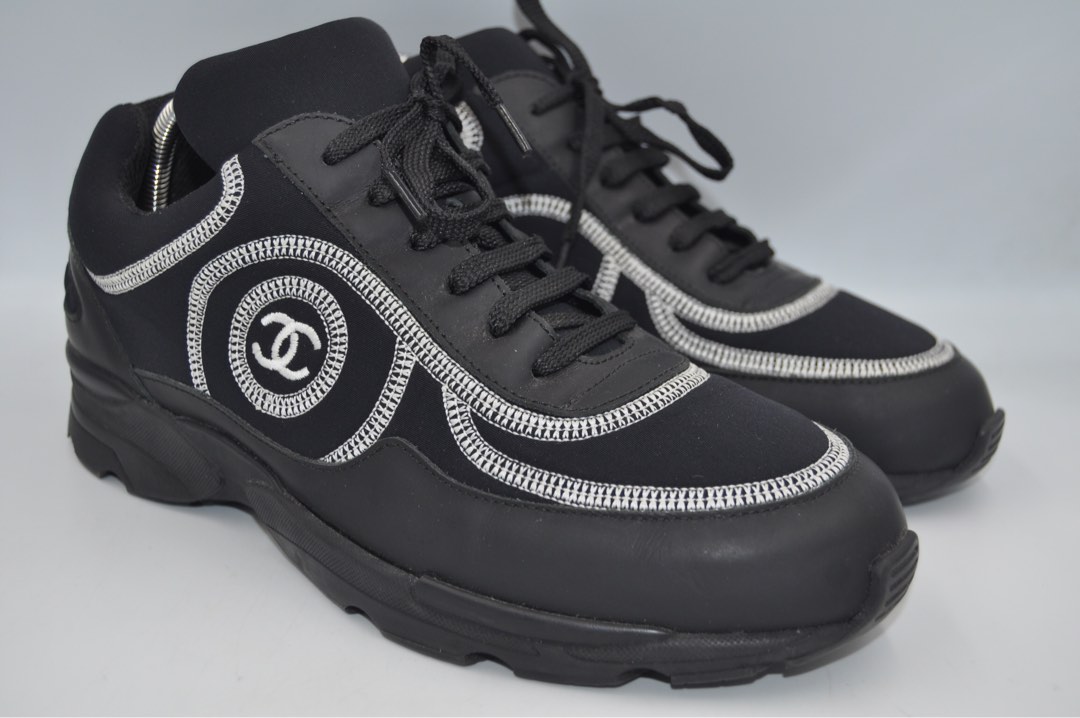 Chanel REV Mens Black White CC Logo Lace Up Tie Low Top Trainer Sneaker 44  11  eBay