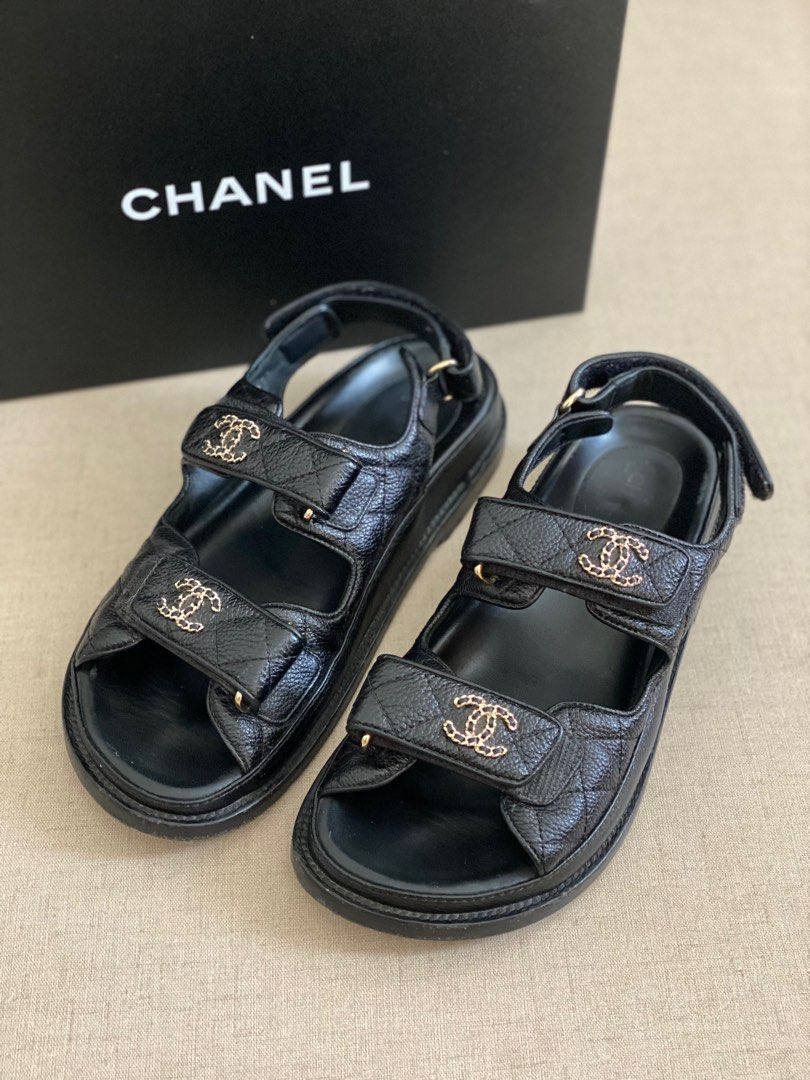 Chanel dad sandal black caviar size , Barang Mewah, Pakaian di Carousell